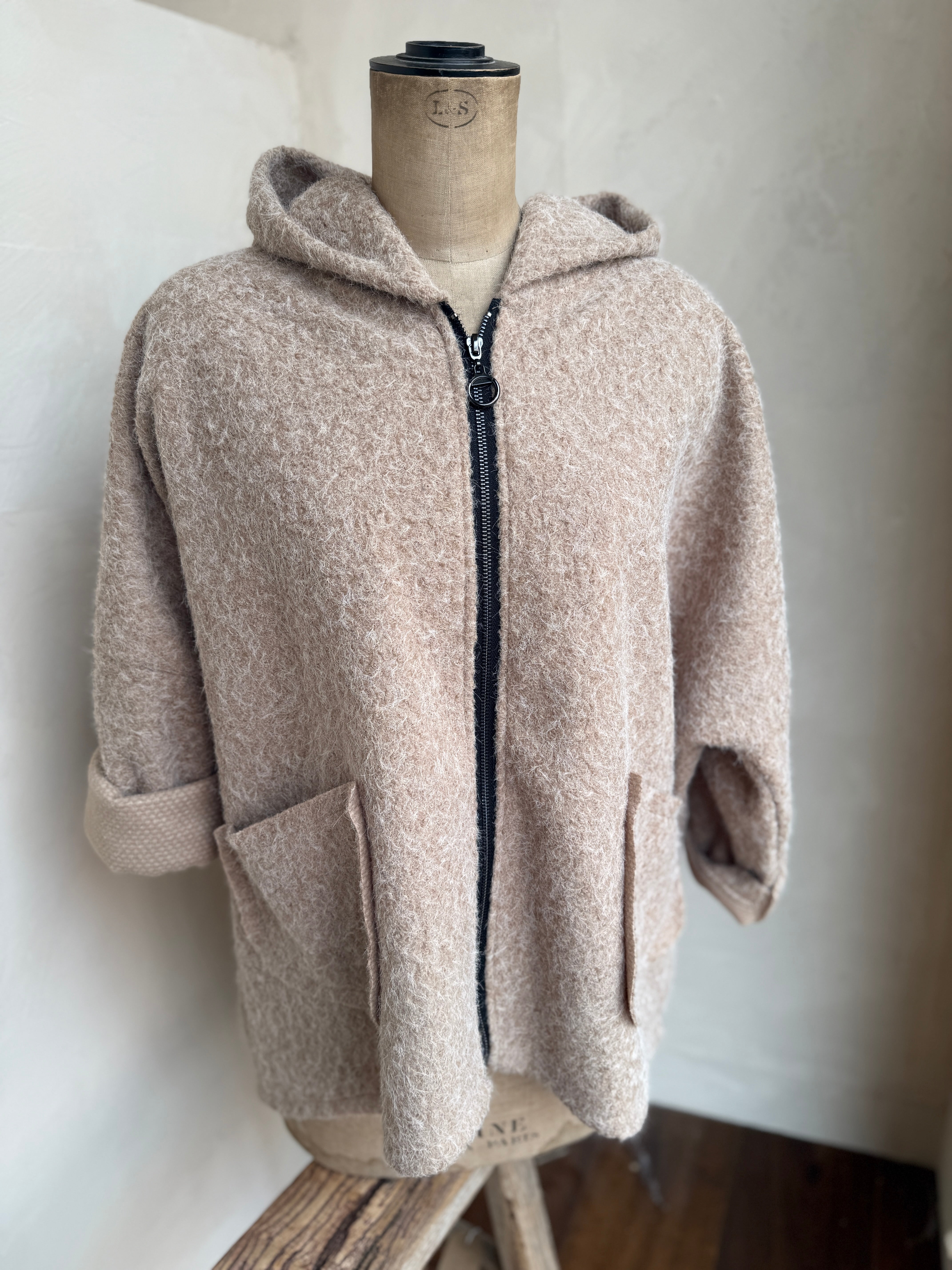 Boiled Wool Blend Hooded Jacket