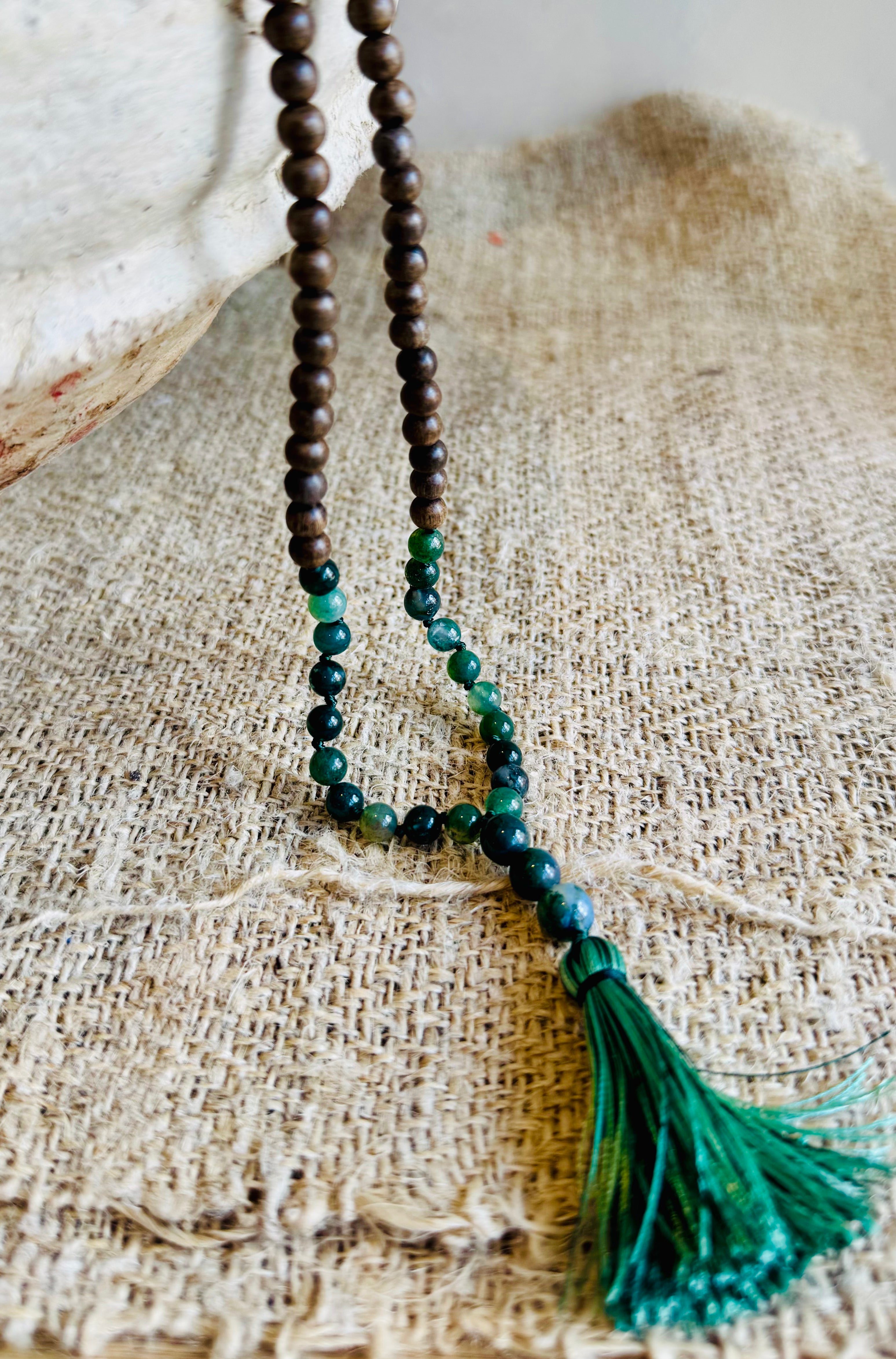Moss Agate & Wood Bead Necklace