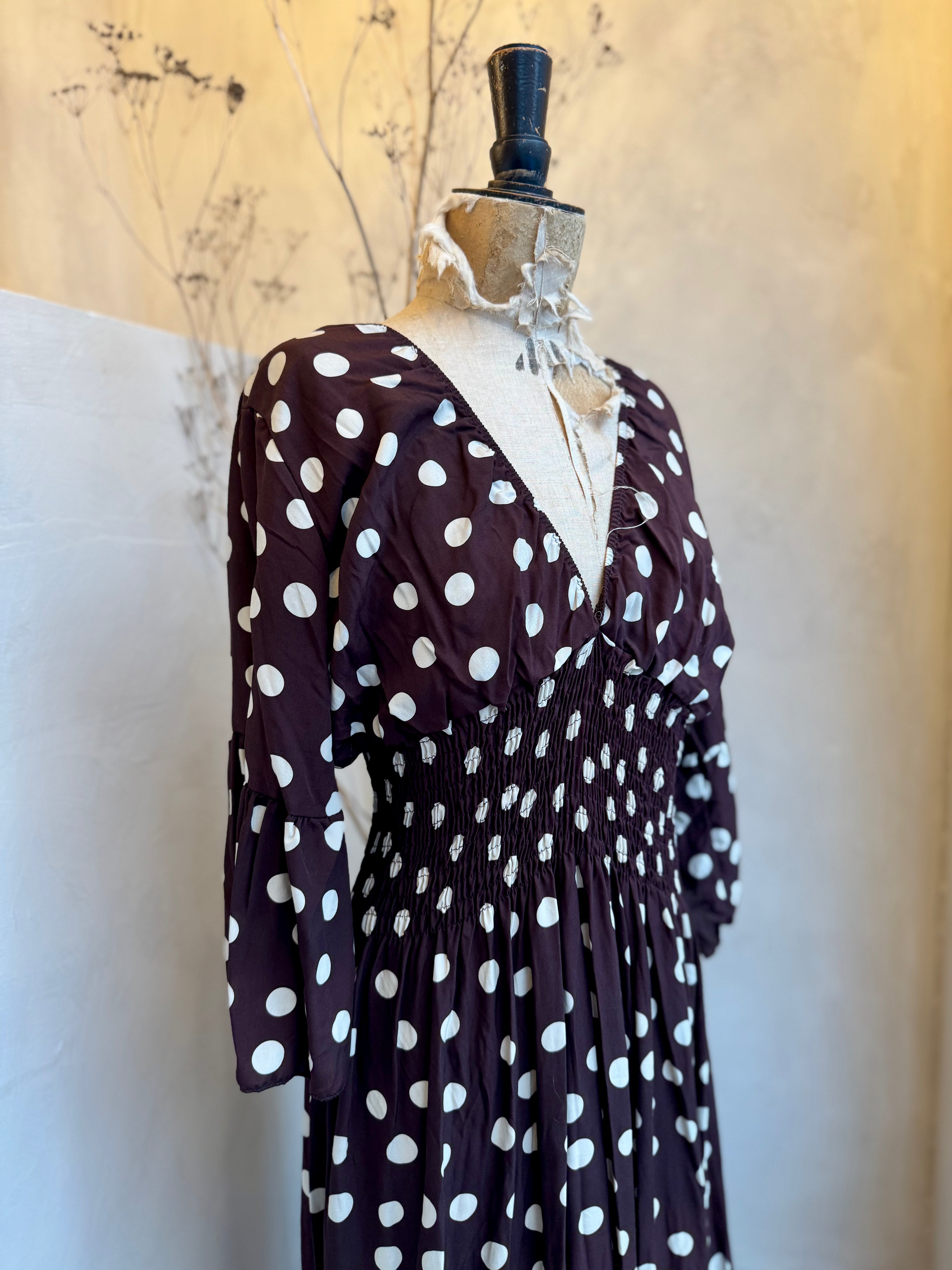 Polka dot shirred waist maxi dress