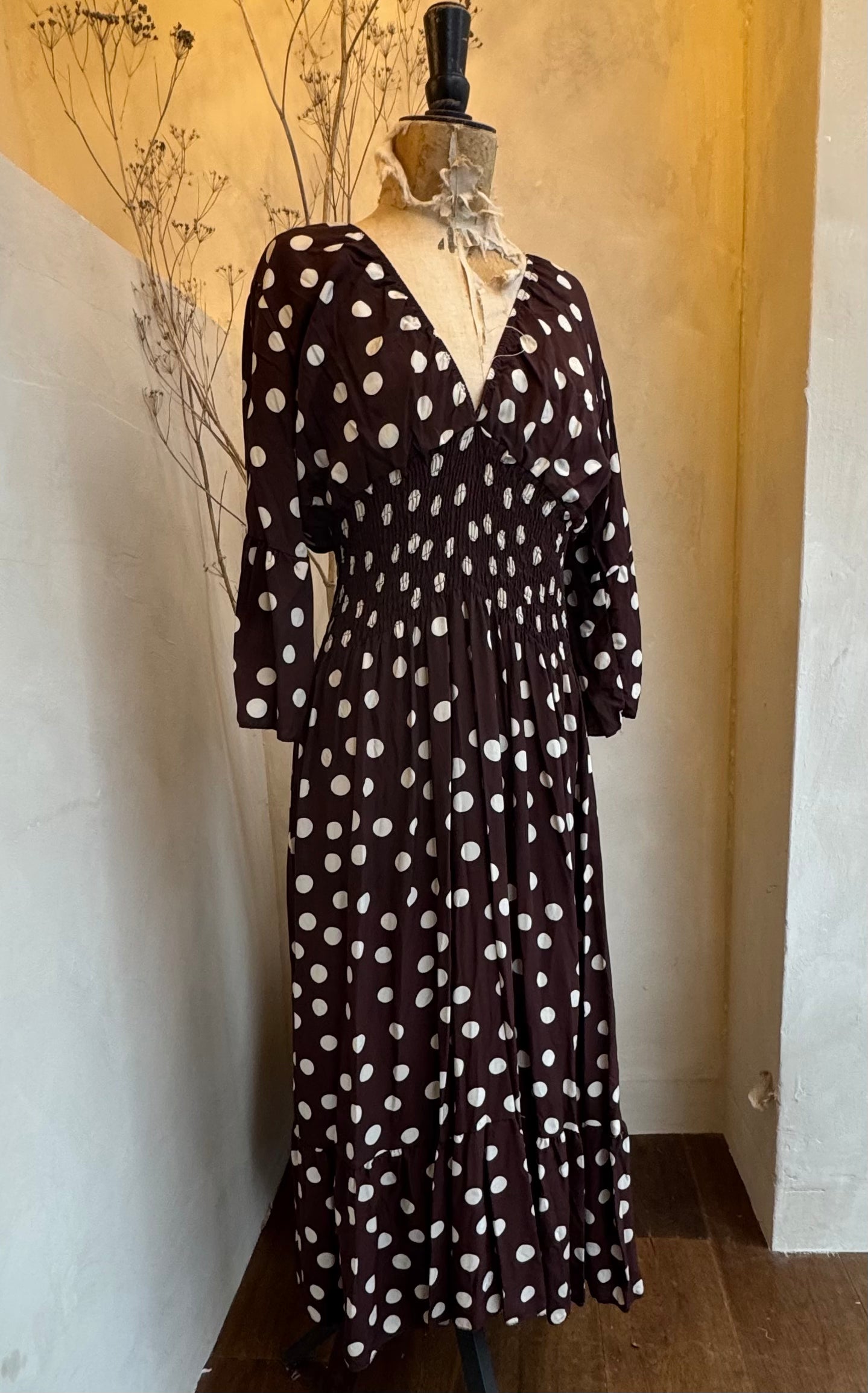 Polka dot shirred waist maxi dress