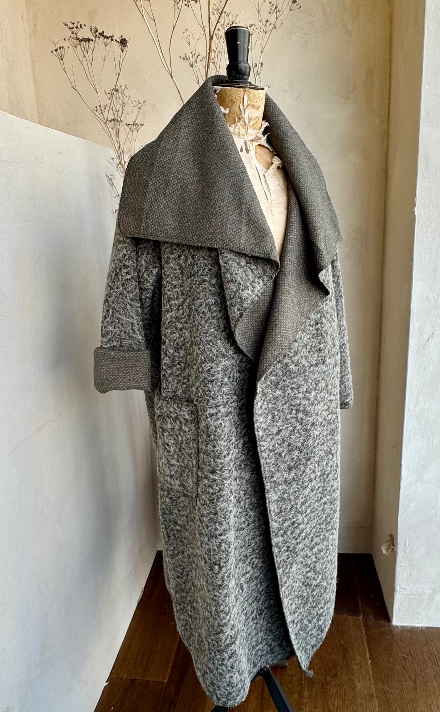 Boiled Wool Lapel Collar Longline Coat