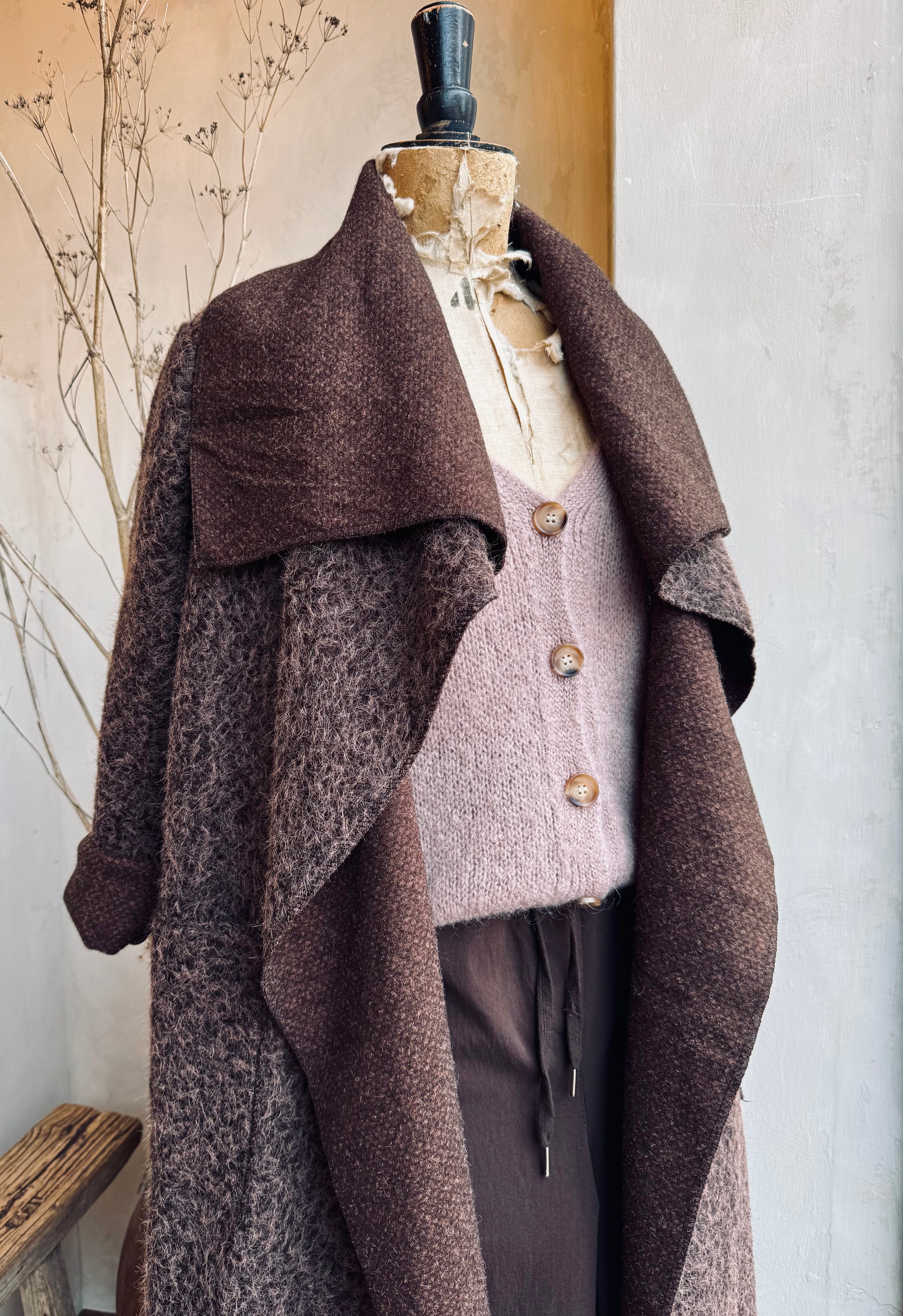 Boiled Wool Lapel Collar Longline Coat