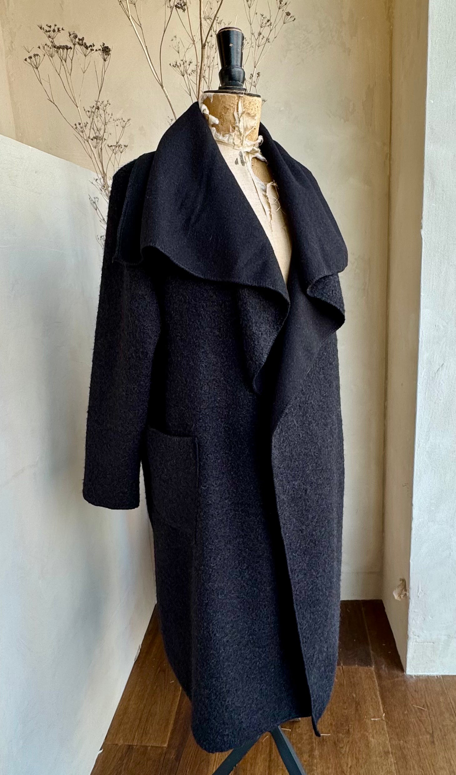 Boiled Wool Lapel Collar Longline Coat