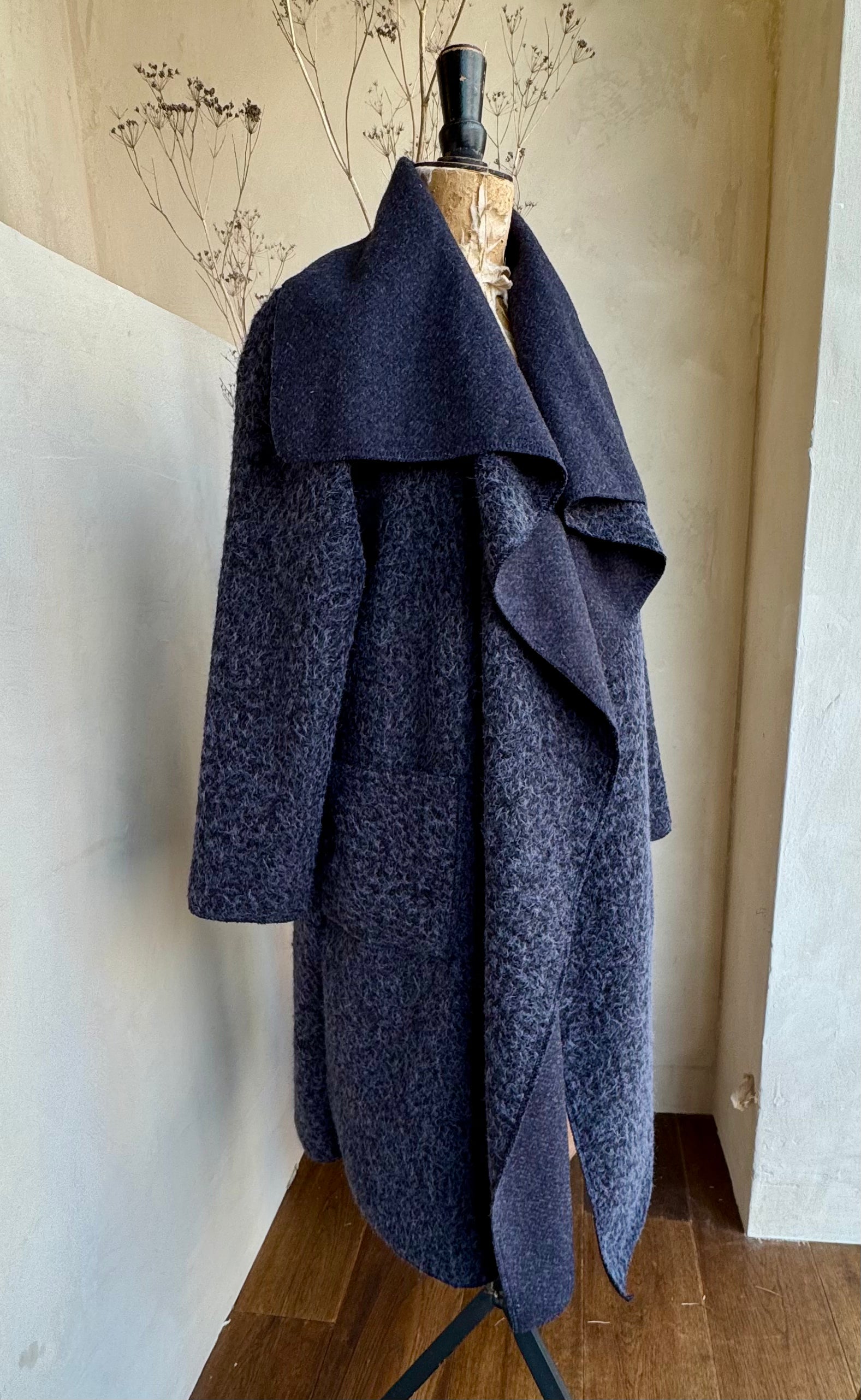 Boiled Wool Lapel Collar Longline Coat