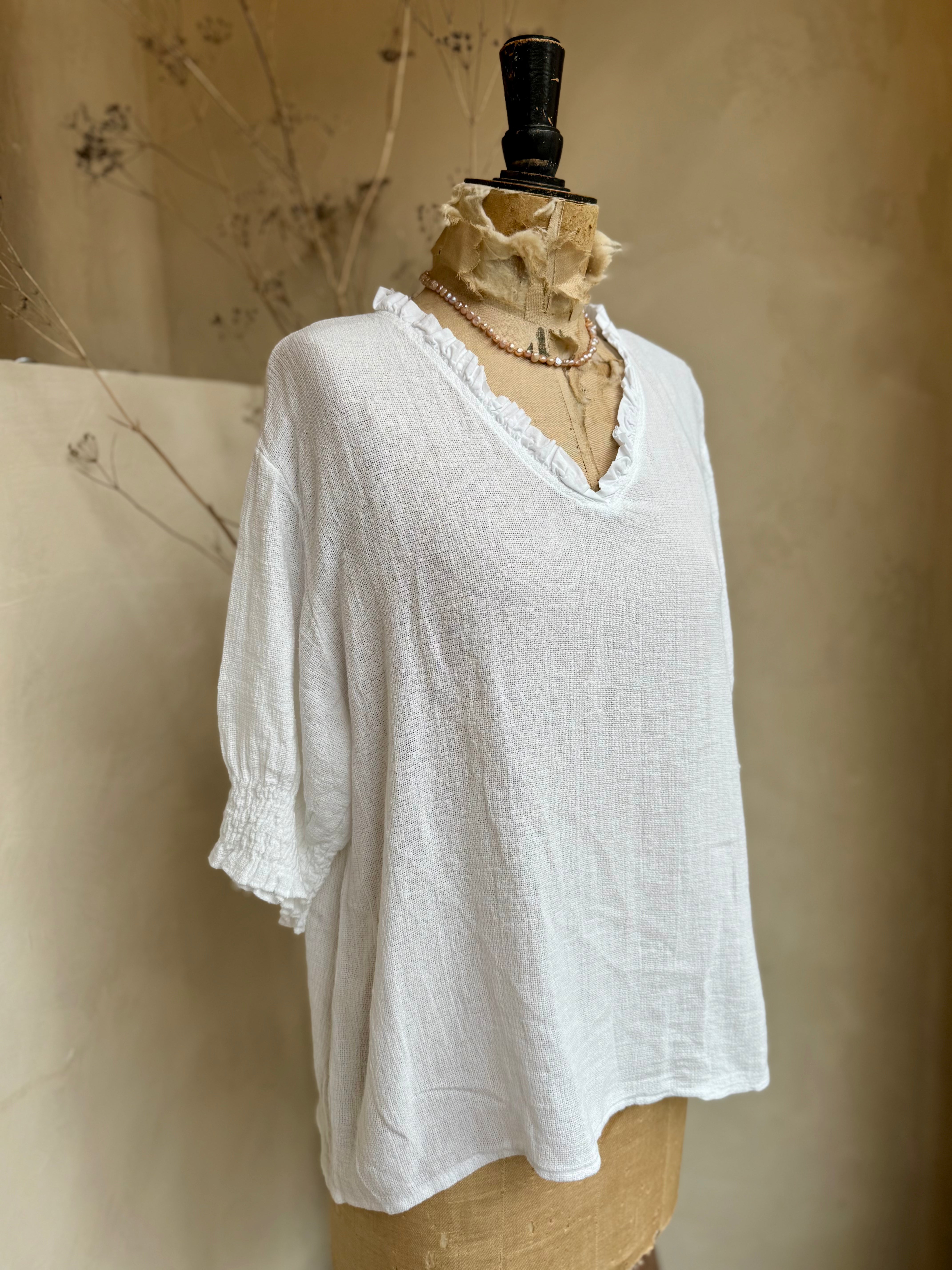 Frill Detail Gauze V-Neck Top