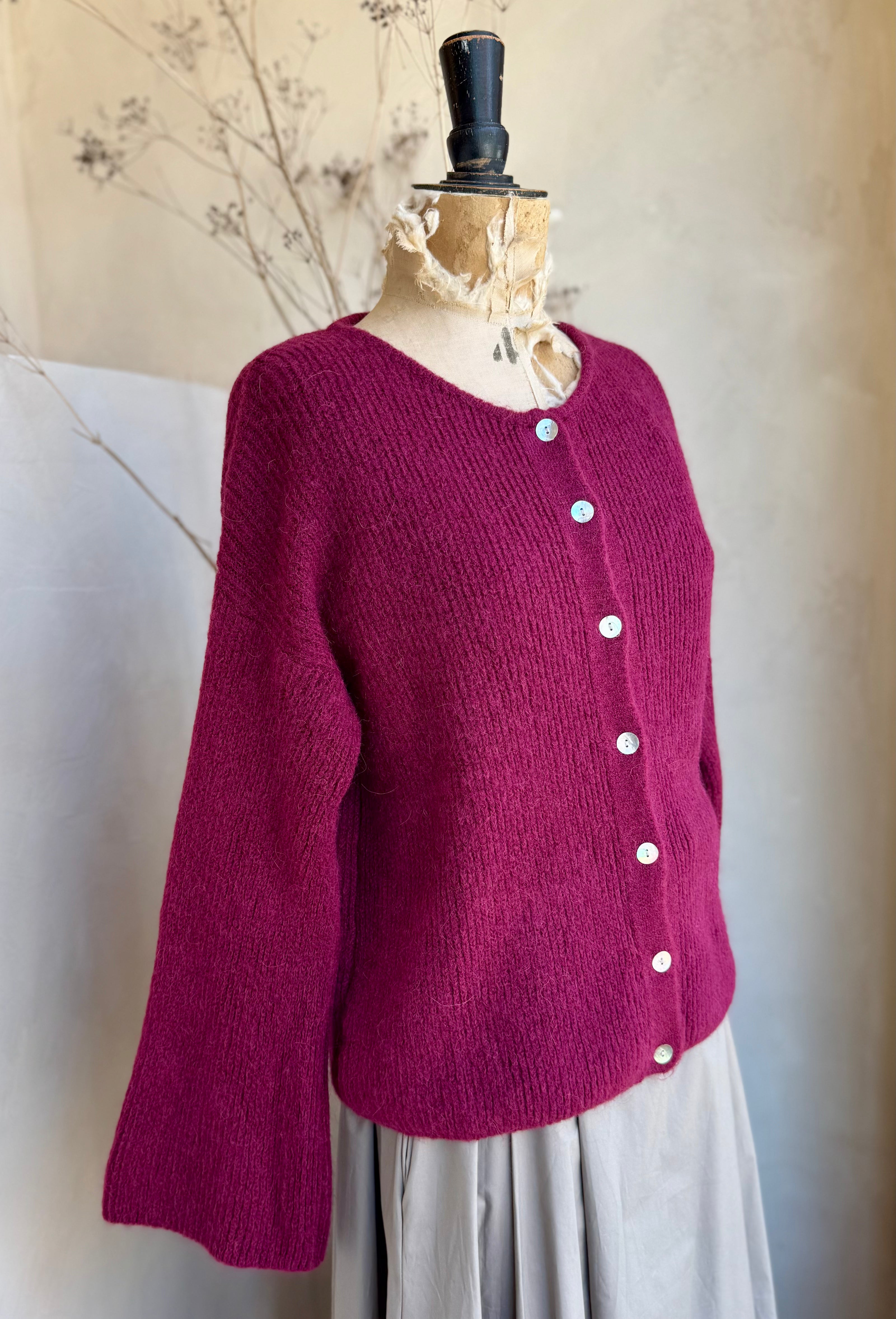 Alpaca Flare Sleeve Ribbed Cardigan