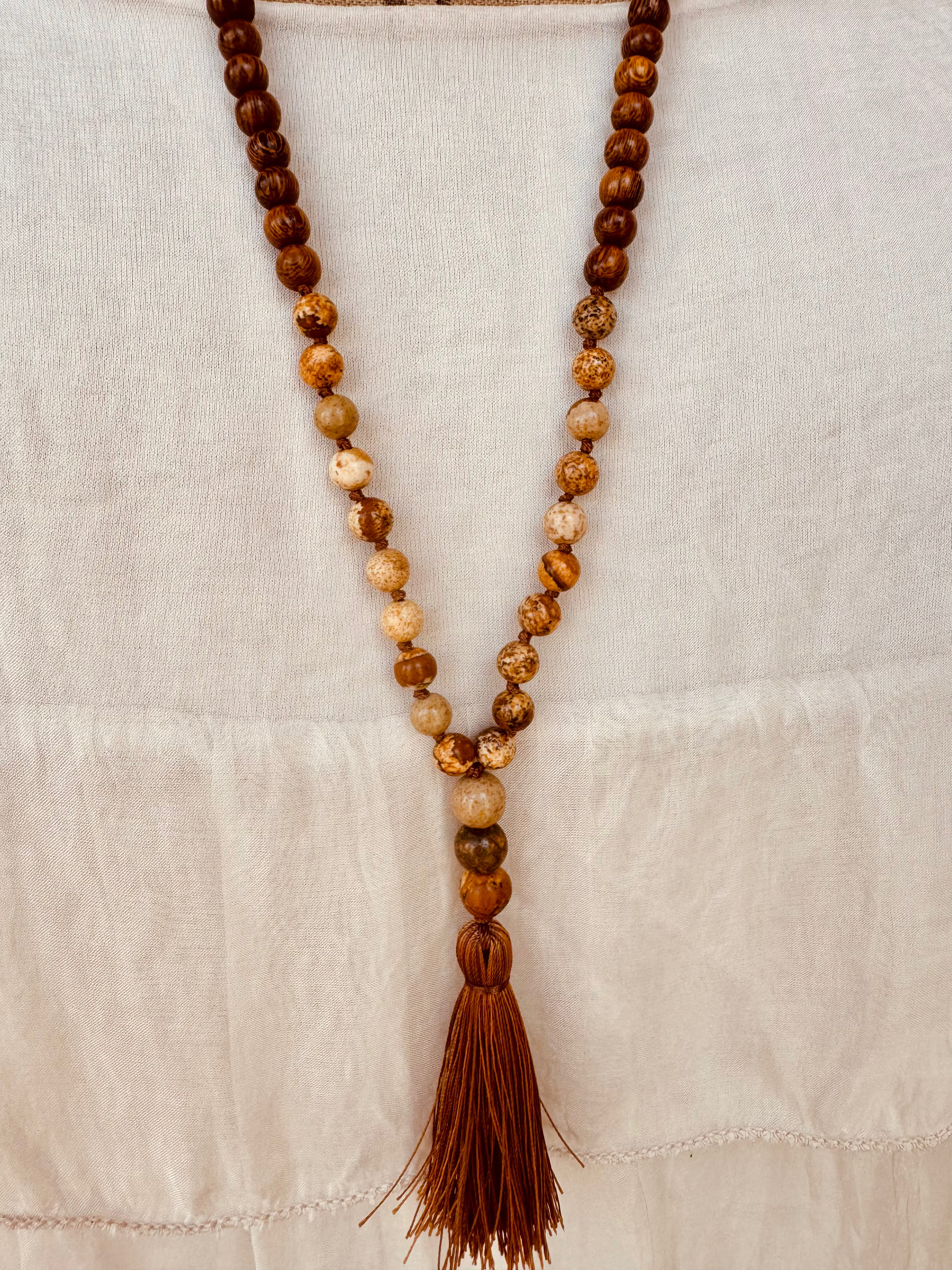 Picture Jasper & Wood Bead Necklace