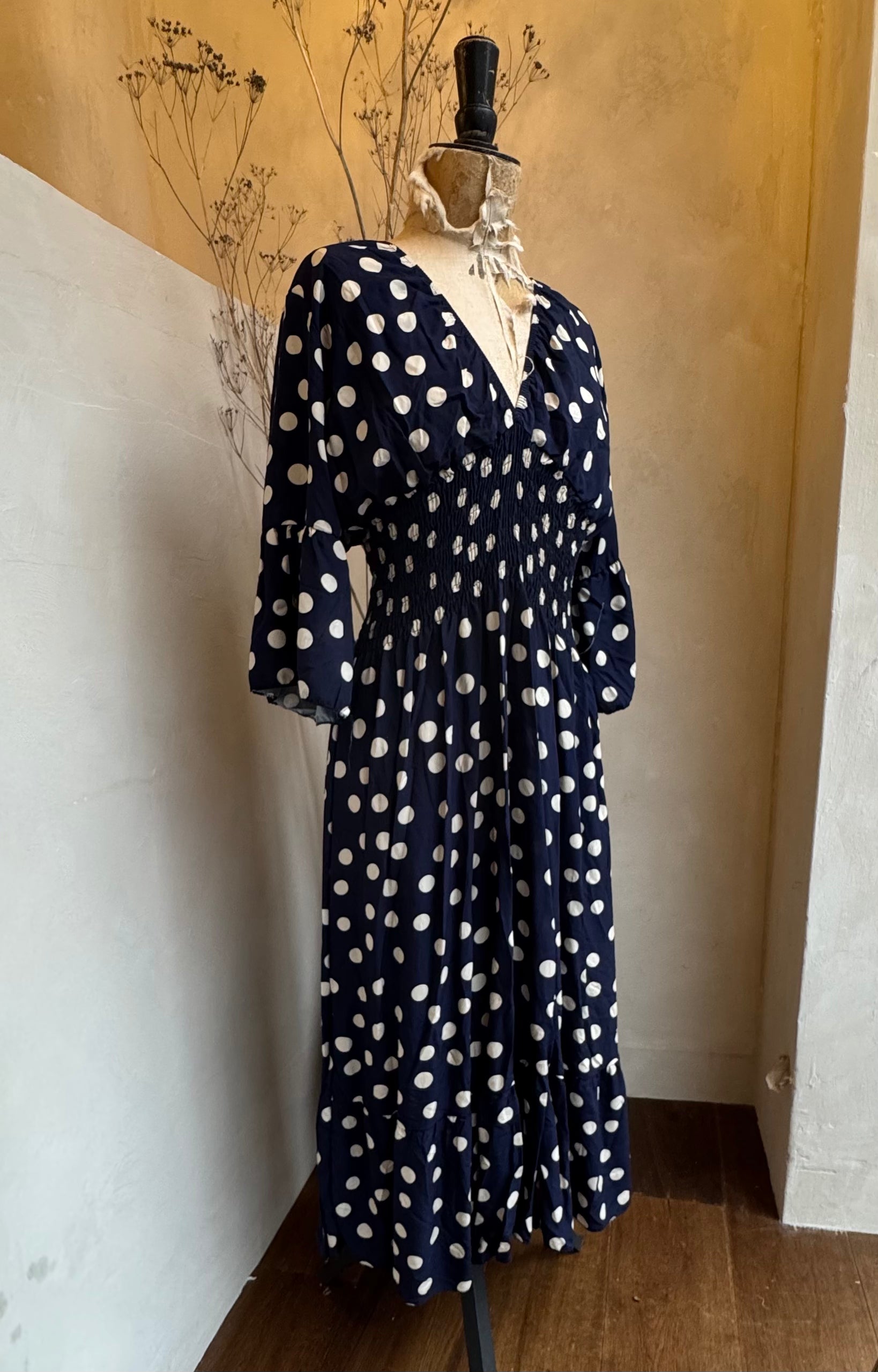 Polka dot shirred waist maxi dress