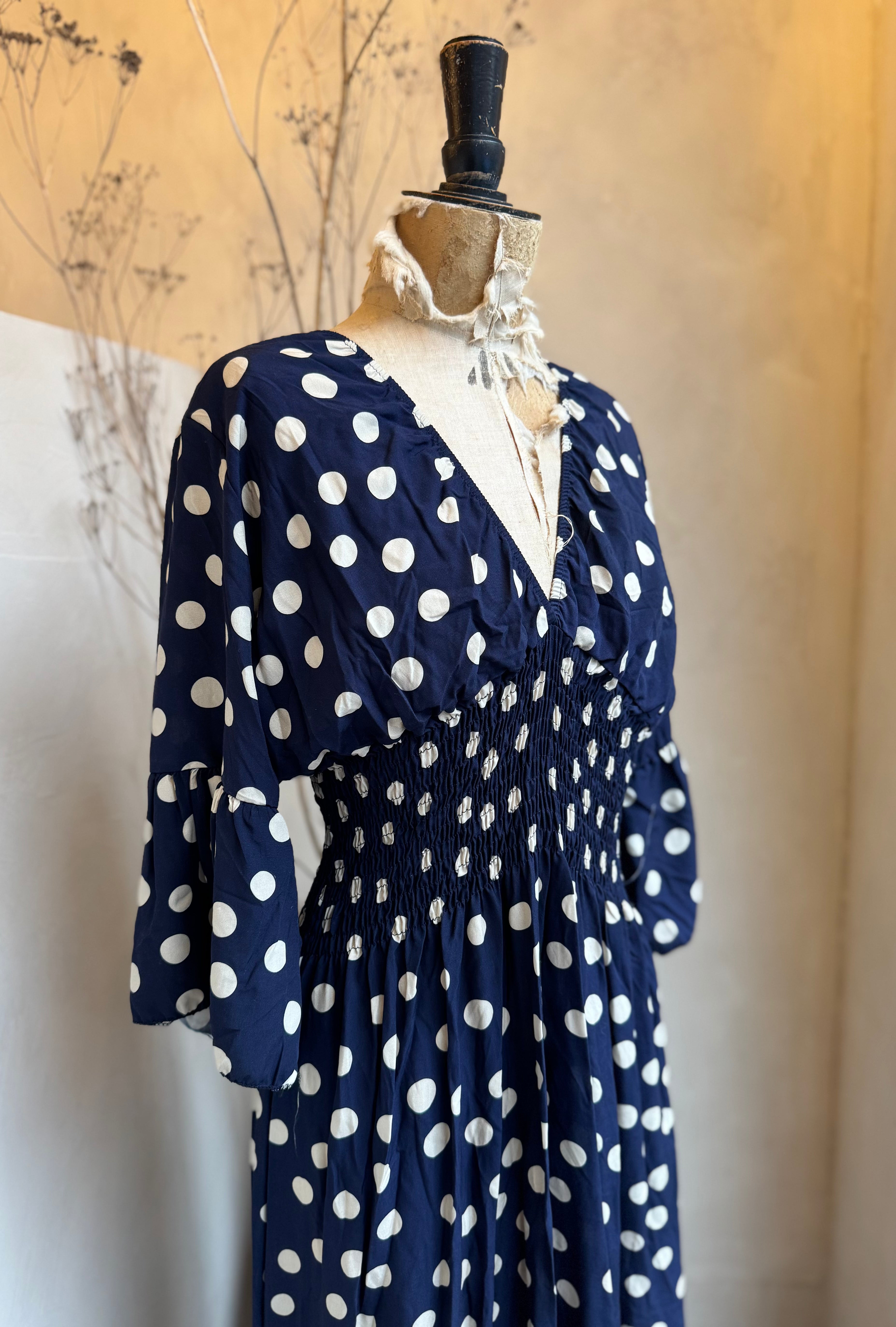 Polka dot shirred waist maxi dress