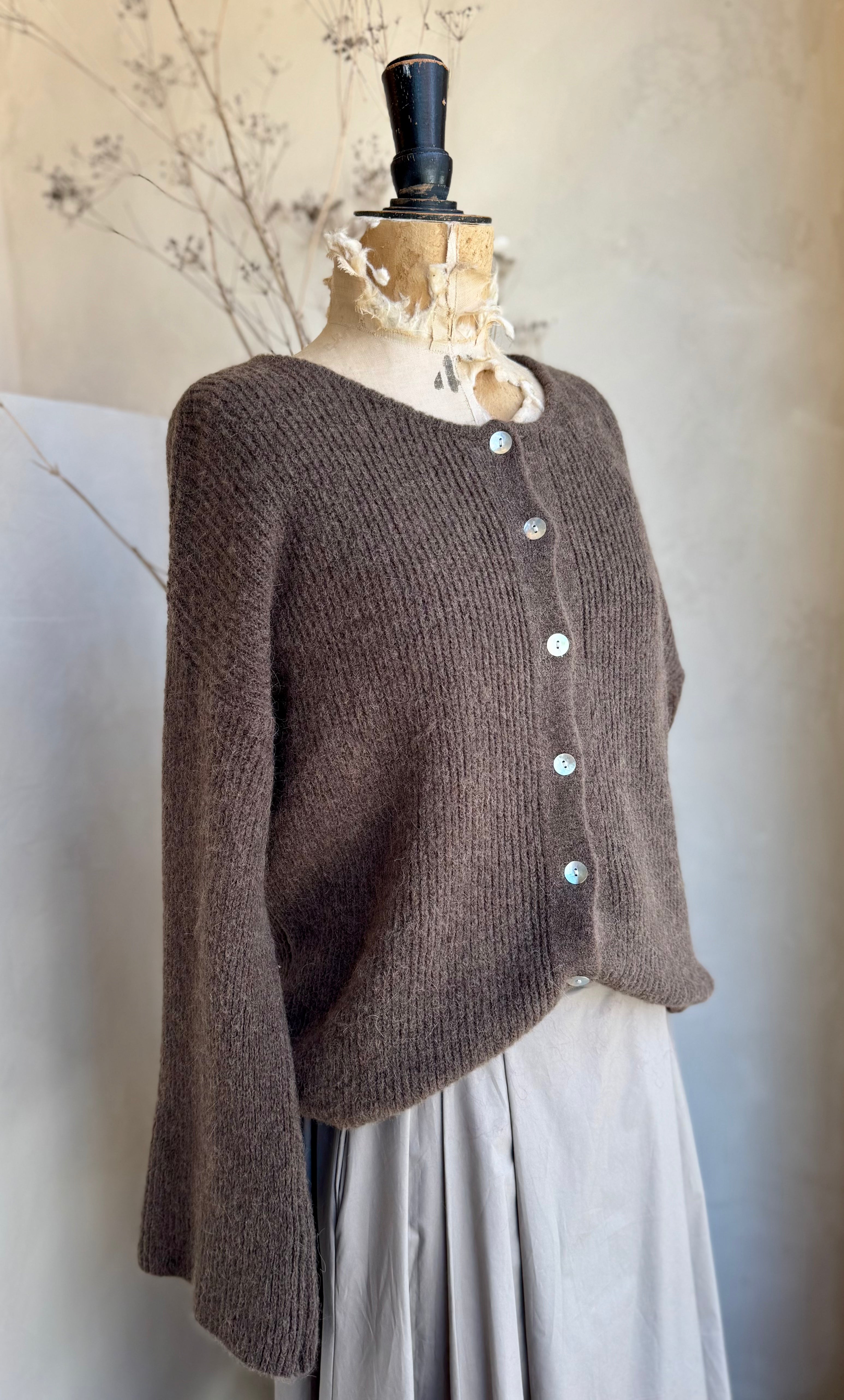Alpaca Flare Sleeve Ribbed Cardigan