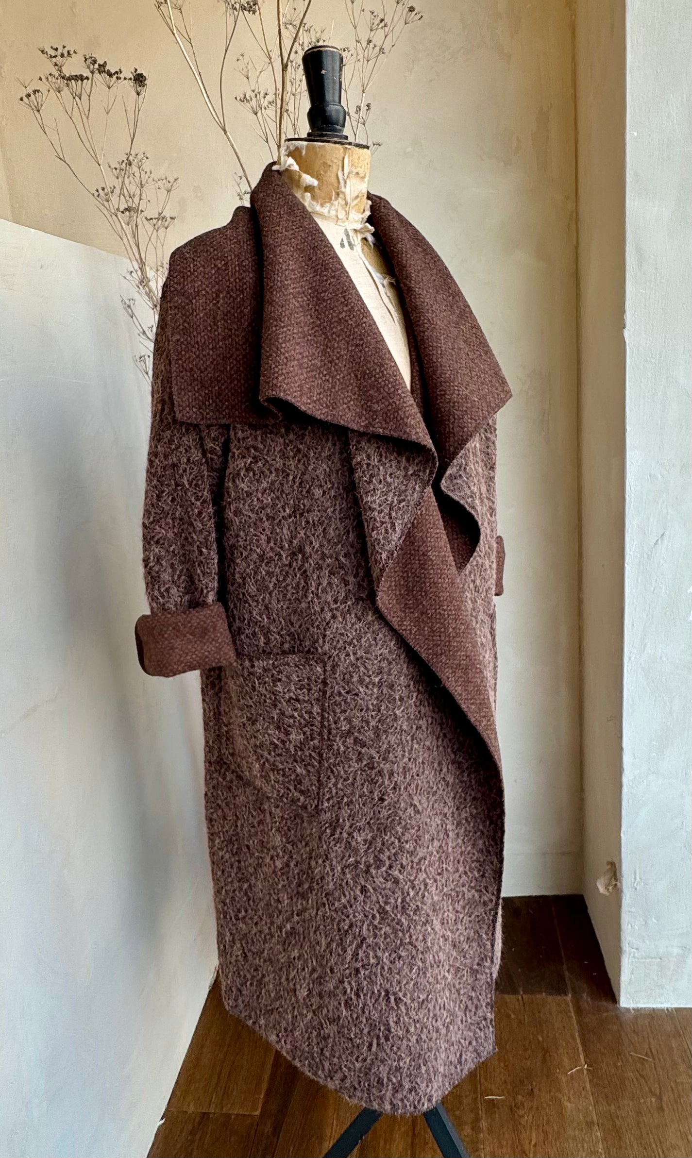 Boiled Wool Lapel Collar Longline Coat